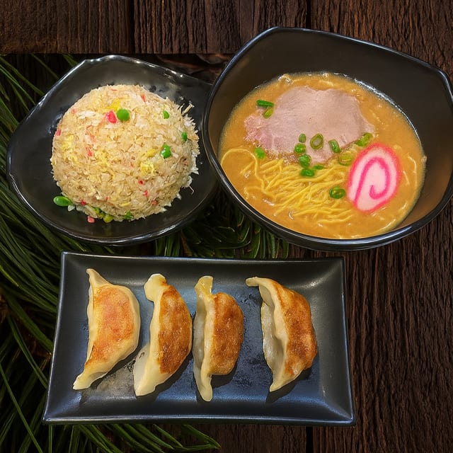 Mini Tan Tan Ramen combo with gyoza and fried rice.